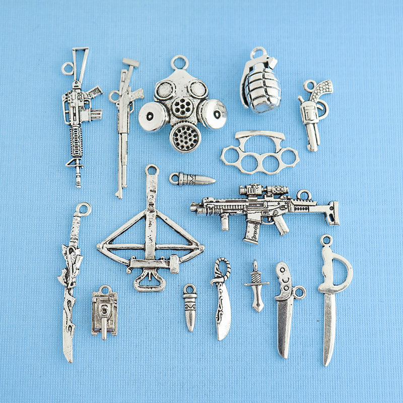 Weapons Charm Collection Antique Silver Tone 16 Charms - COL345
