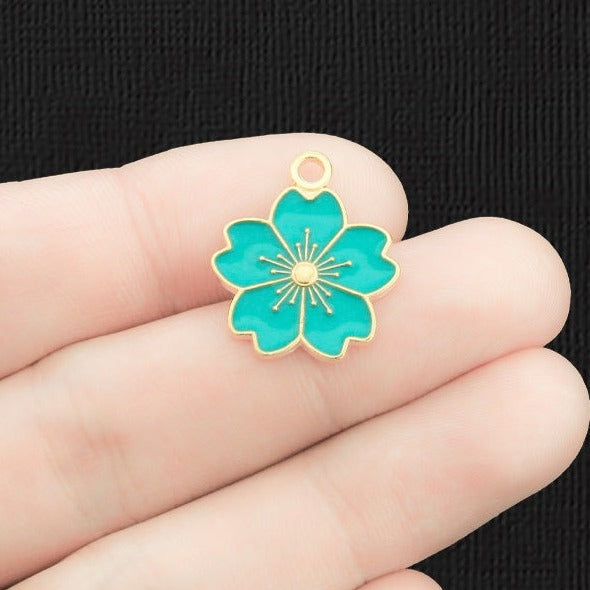 8 Flower Gold Tone Enamel Charms - E1448