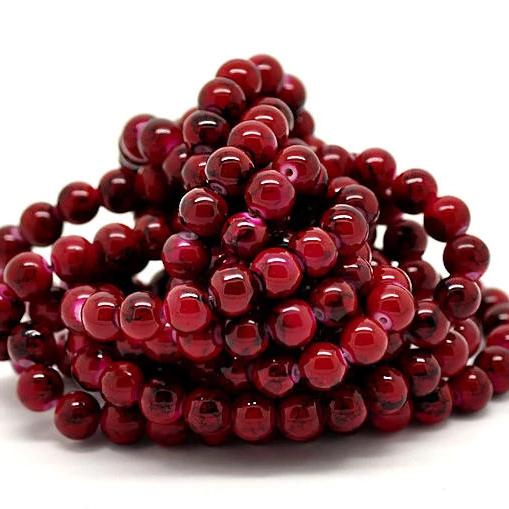 Perles de Verre Rondes 8mm - Mottle Crimson et Noir - 1 Rang 105 Perles - BD095