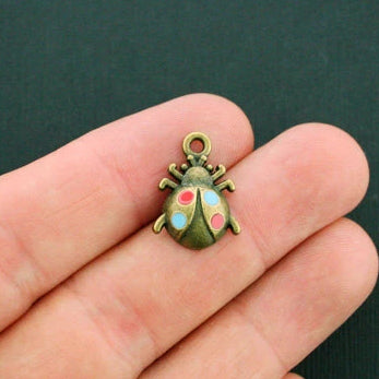 4 Ladybug Antique Bronze Tone Enamel Charms - BC363