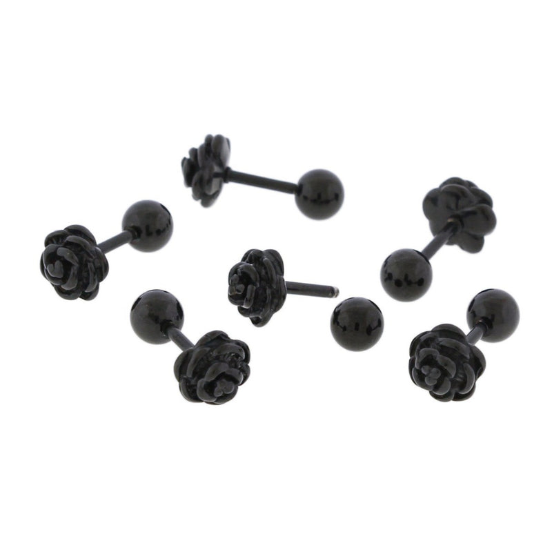 Boucles d'Oreilles en Acier Inoxydable Noir Gunmetal - Clous de Rose - 6mm - 2 Pièces 1 Paire - ER083