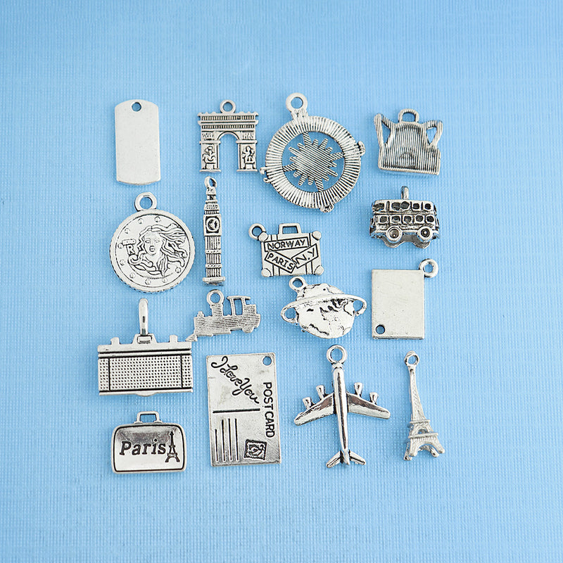 Deluxe Travel Charm Collection Antique Silver Tone 16 Different Charms - COL062