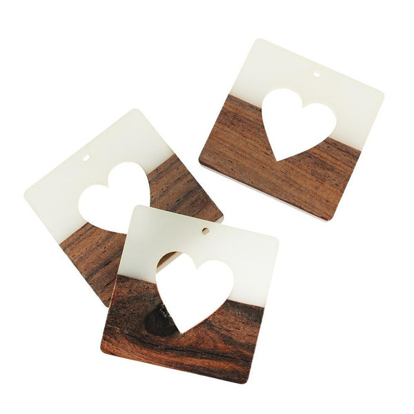 Heart Natural Wood and White Resin Charm 38mm - WP059
