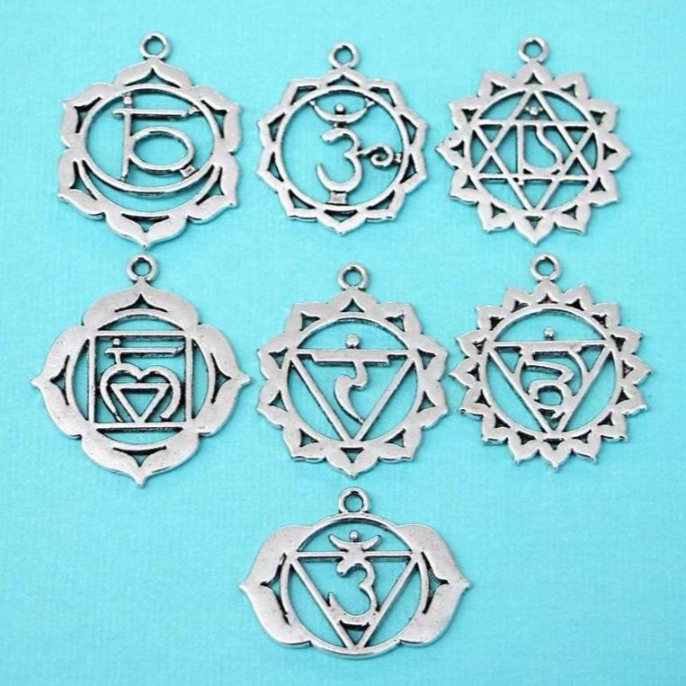 Chakra Charm Collection Antique Silver Tone 7 Different Charms - COL047H