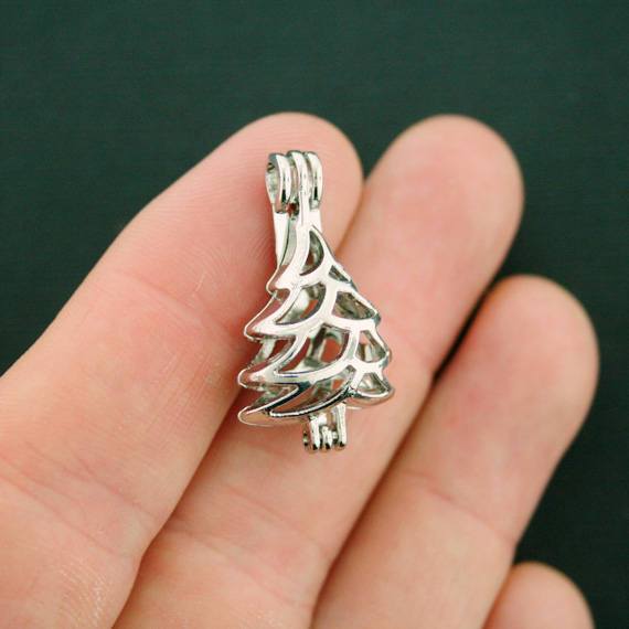 Christmas Tree Bead Cage Antique Silver Tone Charm 3D  - SC7424