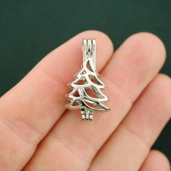 Christmas Tree Bead Cage Antique Silver Tone Charm 3D  - SC7424