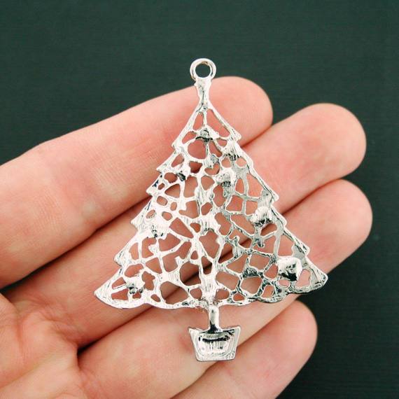 Christmas Tree Antique Silver Tone Charm 2 Sided With Inset Rhinestones - SC888