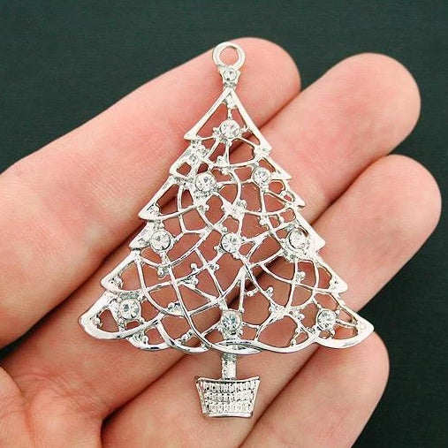 Christmas Tree Antique Silver Tone Charm 2 Sided With Inset Rhinestones - SC888
