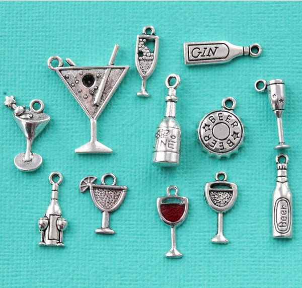 Deluxe Cocktails Charm Collection Antique Silver Tone 12 Different Charms - COL307