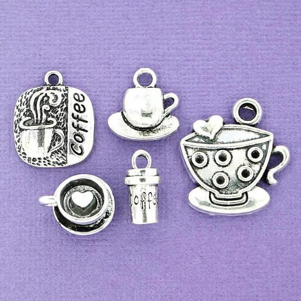 Coffee Charm Collection Antique Silver Tone 5 Different Charms - COL077