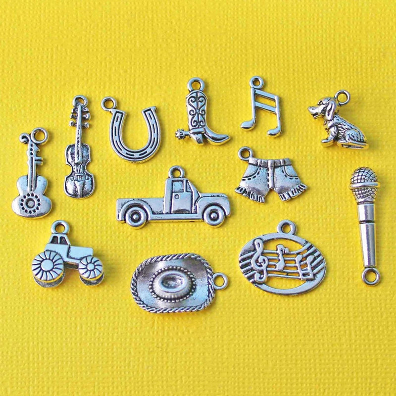 Country Music Charm Collection Antique Silver Tone 12 Different Charms - COL056