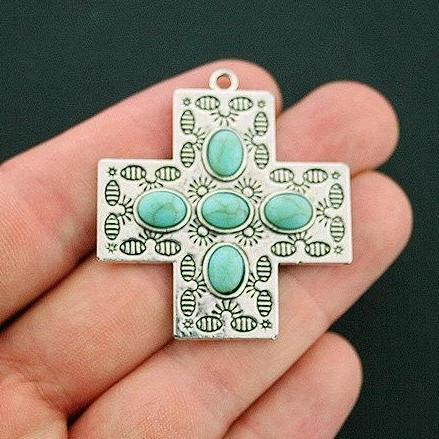 Cross Antique Silver Tone Charm With Imitation Turquoise - SC6022