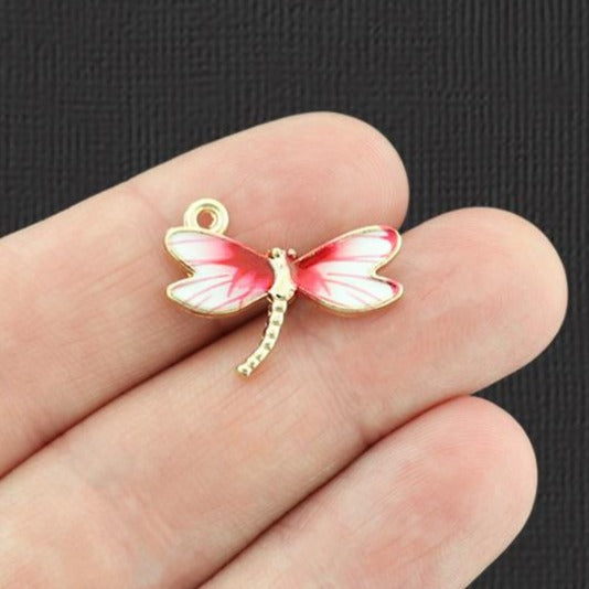 4 Pink and White Dragonfly Gold Tone Enamel Charms - E518