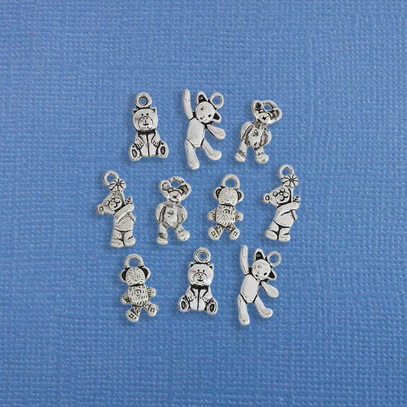 Teddy Bear Charm Collection Antique Silver Tone 10 Charms - COL207