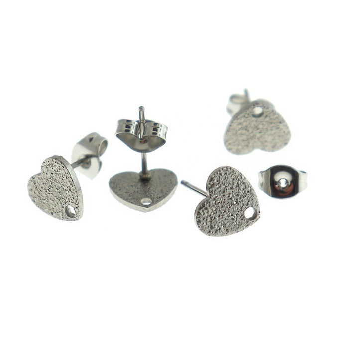 Stainless Steel Earrings - Textured Heart Studs With Hole - 9mm x 8mm - 2 Pieces 1 Pair - ER424