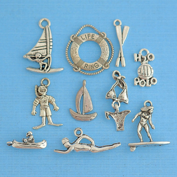 Water Sports Charm Collection Antique Silver Tone 10 Different Charms - COL103