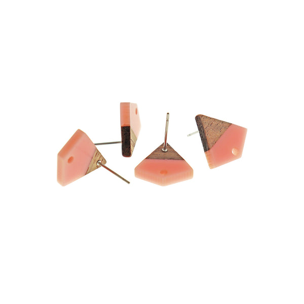 Wood Stainless Steel Earrings - Light Pink Resin Kite Studs - 16mm x 15mm - 2 Pieces 1 Pair - ER732