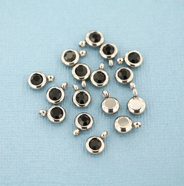 5 Onyx Rhinestone Silver Tone Stainless Steel Charms - FD141