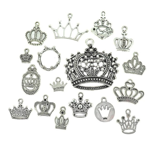 Crown Charm Collection Antique Silver Tone 17 Different Charms - COL377H