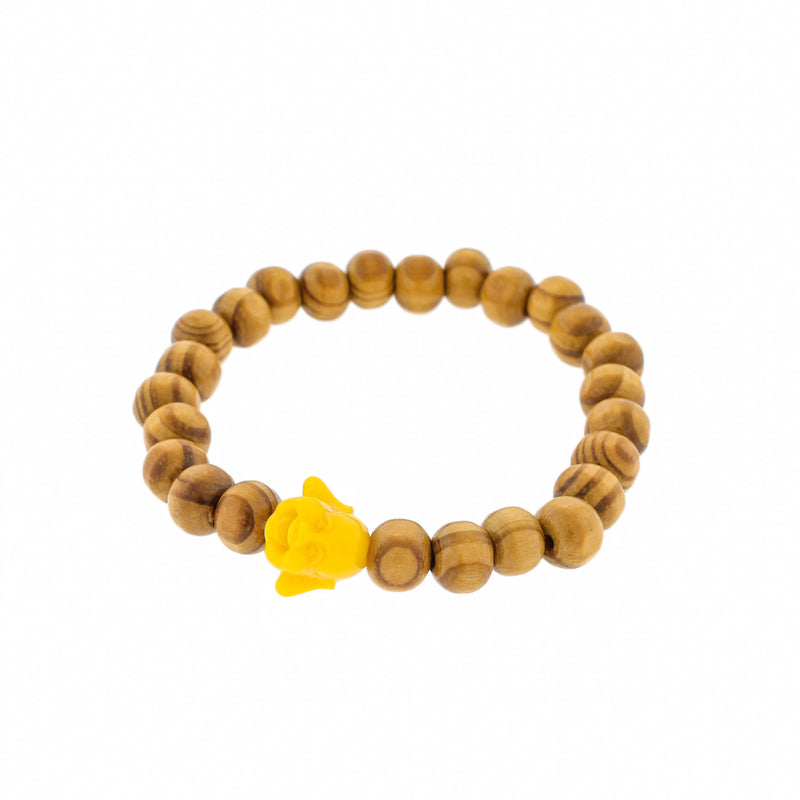 Round Wood Bead Bracelet - 43mm - Yellow Resin Buddha - 1 Bracelet - BB072