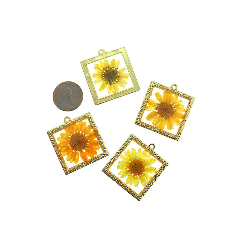 2 Yellow Dried Flower Gold Tone and Resin Charms - Z096-B
