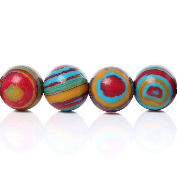 Perles rondes en malachite synthétique 6 mm - Tourbillon rouge, turquoise et jaune - 1 brin 67 perles - BD531