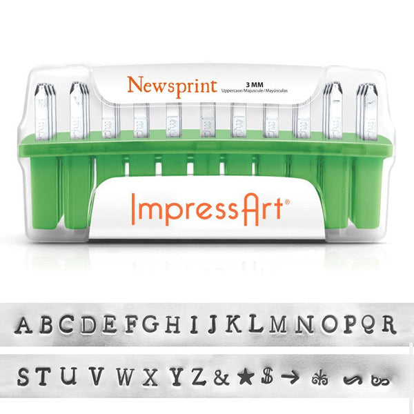 VENTE lettre métal timbre ImpressArt NEWSPRINT majuscule 3 mm pour estampage à la main - Alphabet complet avec 7 timbres bonus et étui de rangement - 40 % de réduction ! - AA100