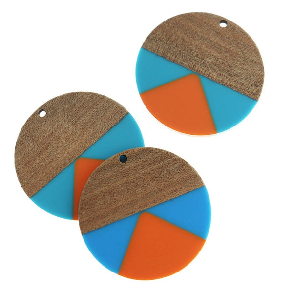 Breloque Ronde en Bois Naturel et Résine 38mm - Orange et Bleu - WP520