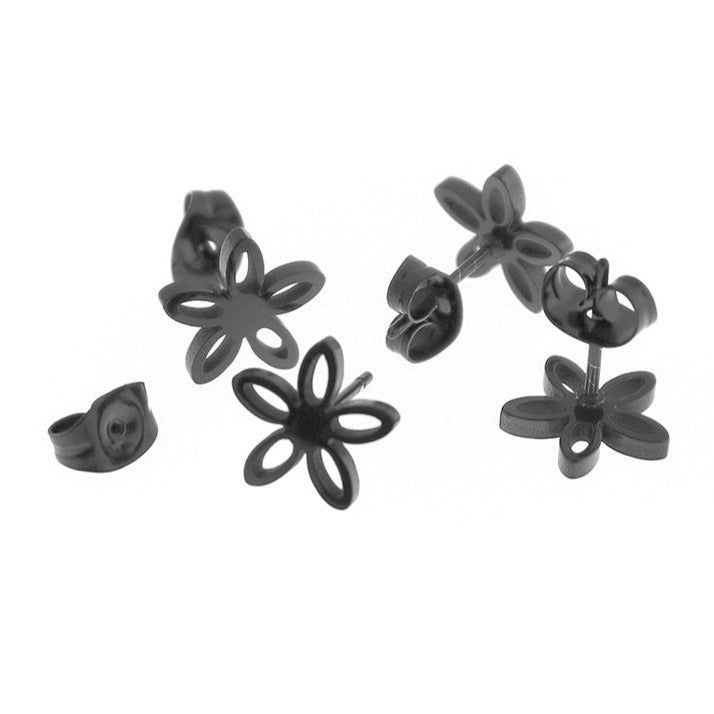 Gunmetal Black Stainless Steel Earrings - Flower Studs - 10mm - 2 Pieces 1 Pair - ER440