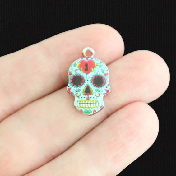 4 Floral Skull Silver Tone Enamel Charms - E590