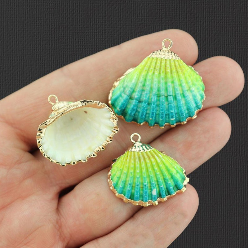2 Green Yellow Natural Seashell Gold Tone Enamel Charms - E981