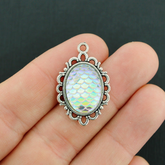 4 Mermaid Scale Antique Silver Tone Cabochon Charms - Z715