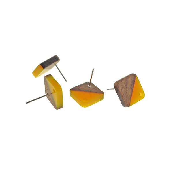 Wood Stainless Steel Earrings - Yellow Resin Rhombus Studs - 17mm x 17mm - 2 Pieces 1 Pair - ER698