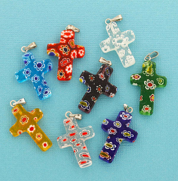 4 Cross Millefiore Glass Charms - Assorted Designs - Z496