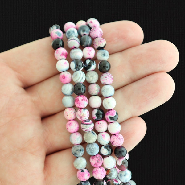 Round Natural Agate Beads 6mm - Pink and Black Marble - 1 Strand 60 Beads - BD1605
