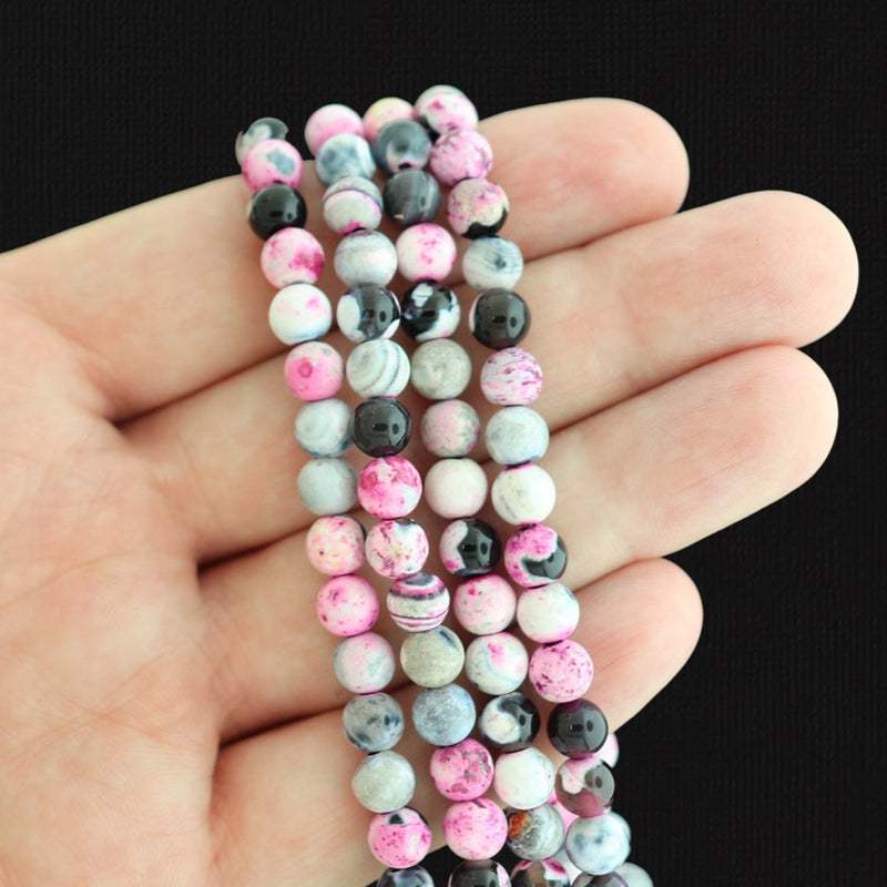 Round Natural Agate Beads 6mm - Pink and Black Marble - 1 Strand 60 Beads - BD1605