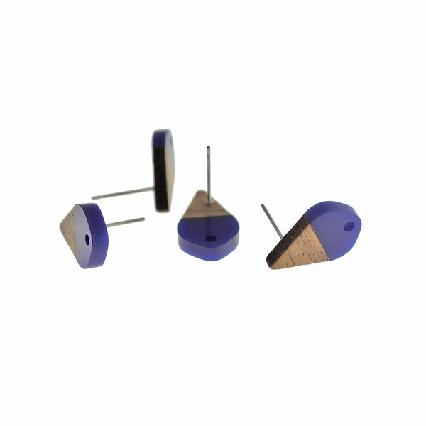 Wood Stainless Steel Earrings - Blue Resin Teardrop Studs - 17.5mm x 11mm - 2 Pieces 1 Pair - ER653