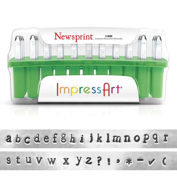 VENTE Lettre Métal Timbre ImpressArt NEWSPRINT Minuscule 3mm pour Estampage à la Main - Alphabet Complet avec 7 Tampons Bonus et Étui de Rangement - 40% de RÉDUCTION ! -AA101
