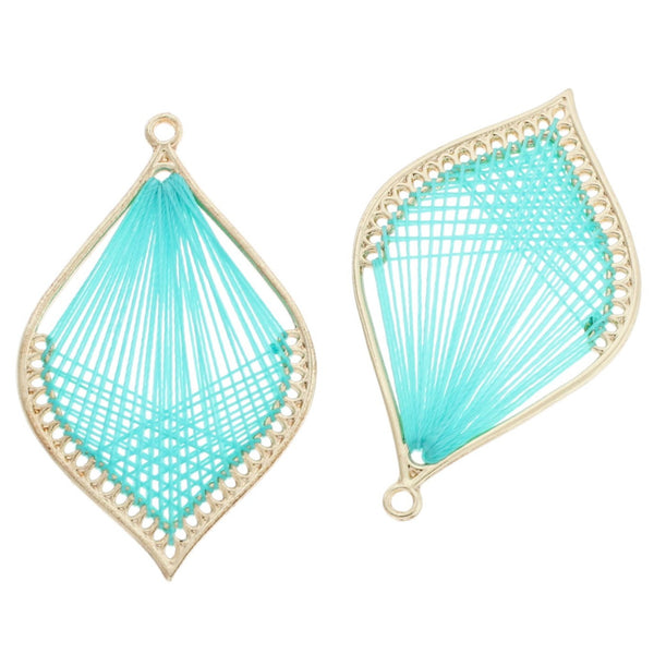 2 Turquoise Woven Leaf Gold Tone Pendants - TSP278