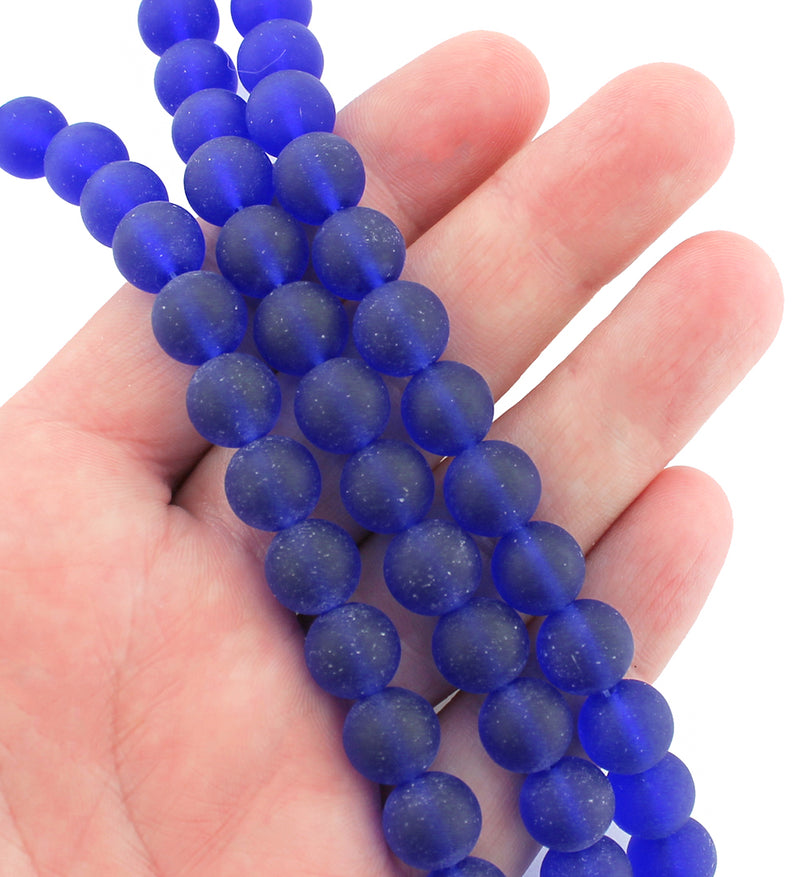 Round Cultured Sea Glass Beads 10mm - Royal Blue - 1 Strand 21 Beads - U147