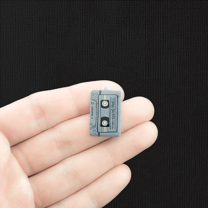 4 Grey Cassette Tape Silver Tone Enamel Charms - E1523
