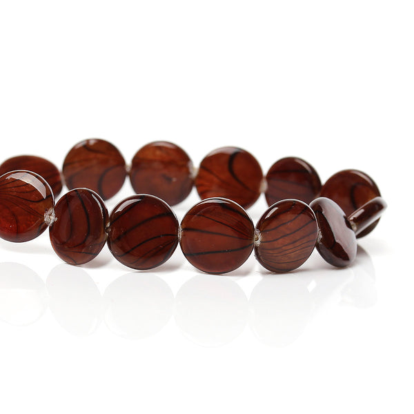 Perles plates rondes en coquillage naturel 11,5 mm - Marbre brun chocolat et noir - 1 brin 35 perles - BD802