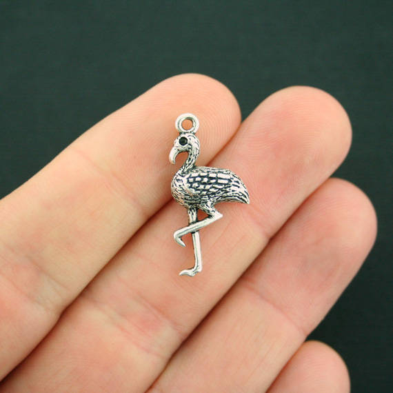 4 Flamingo Antique Silver Tone Charms 2 Sided - SC7279