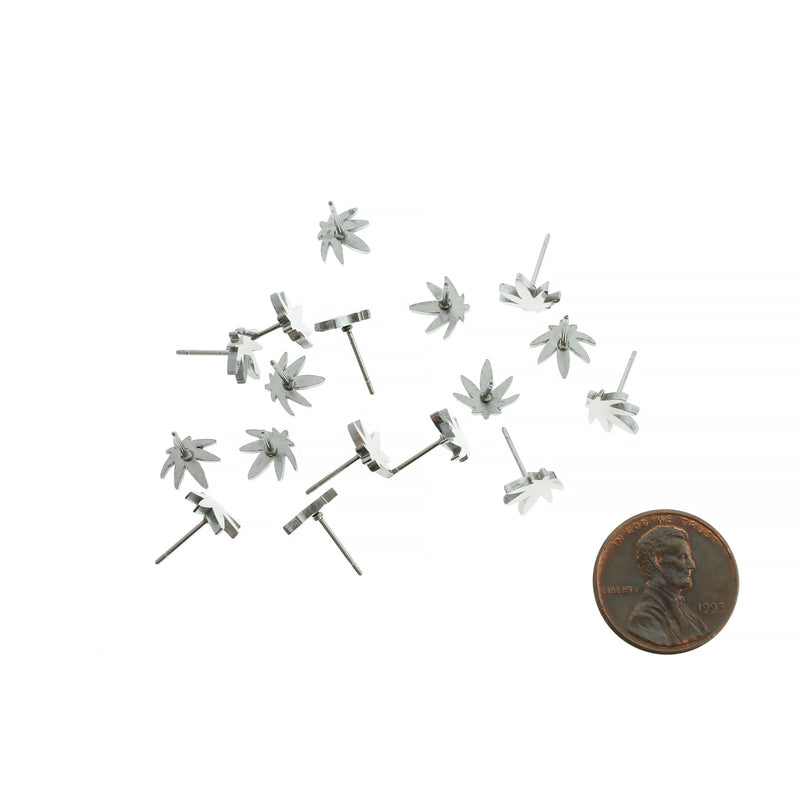 Weed Leaf Stainless Steel Earring Studs - 8.5mm - 10 Pieces 5 Pairs - Z155