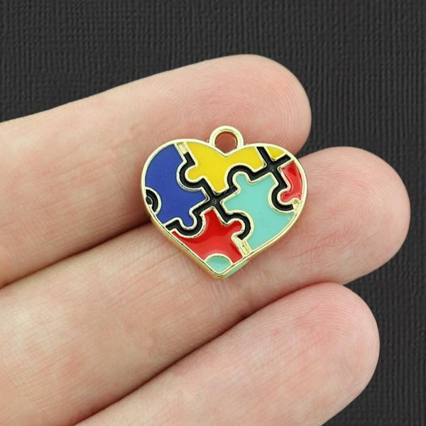 2 Autism Awareness Rainbow Puzzle Heart Gold Tone Enamel Charms - E1009
