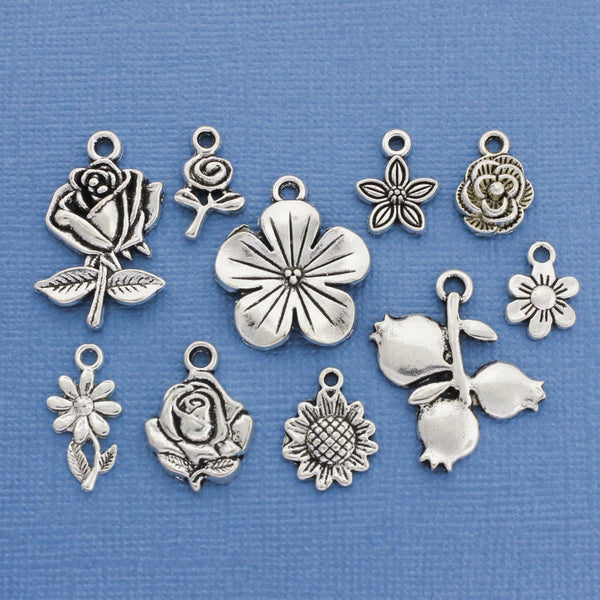 Flower Charm Collection Antique Silver Tone 10 Different Charms - COL083