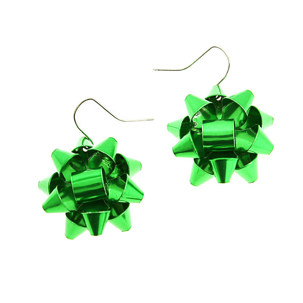 Green Christmas Bow Earrings - Silver Tone French Hook - 2 Pieces 1 Pair - Z1635