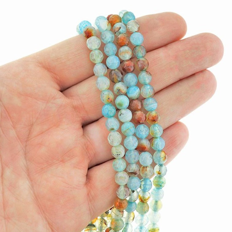 Perles d'agate naturelle à facettes 6 mm - Sienne brûlée et bleu céruléen - 1 rang 64 perles - BD2397