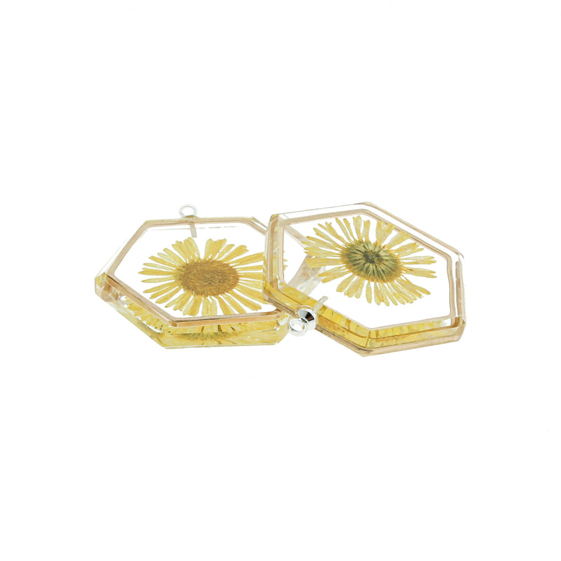 2 Yellow Dried Flower Silver Tone and Resin Charms - K421