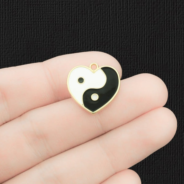 4 Yin Yang Heart Gold Tone Enamel Charms - E1451
